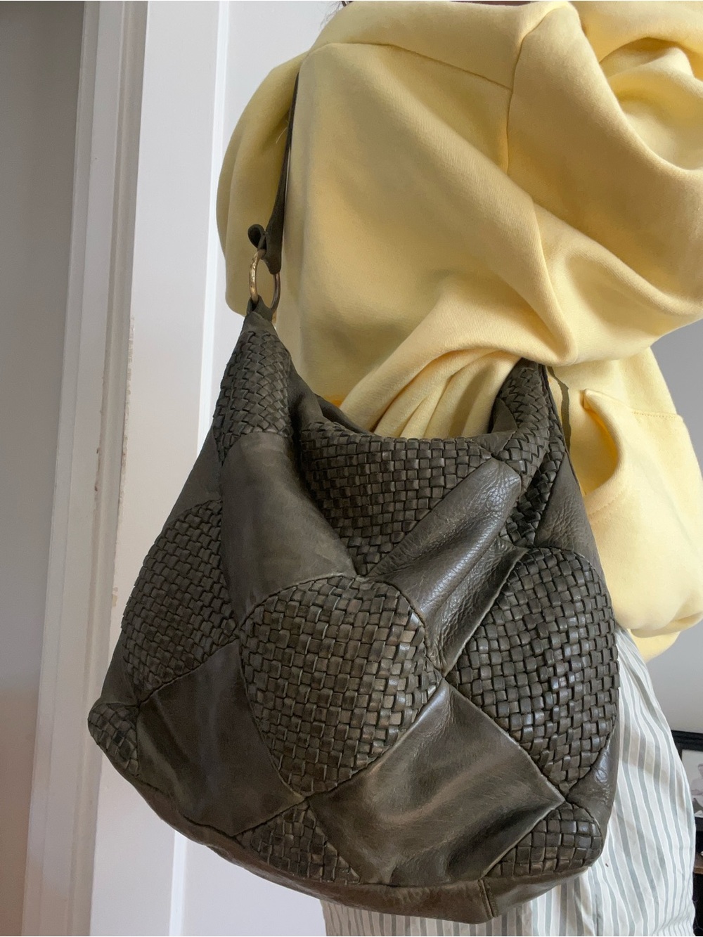Genuine Leather Hobo Shoulder Tote Bag- Green Woven Pattern